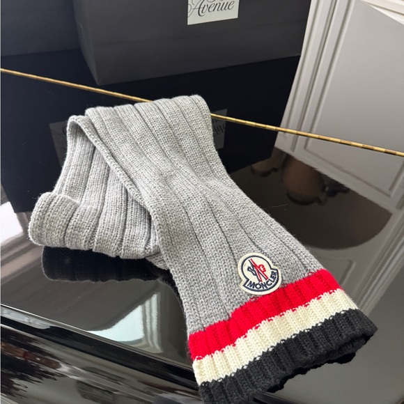 Moncler Gray Knit Scarf with Red White & Black Stripes